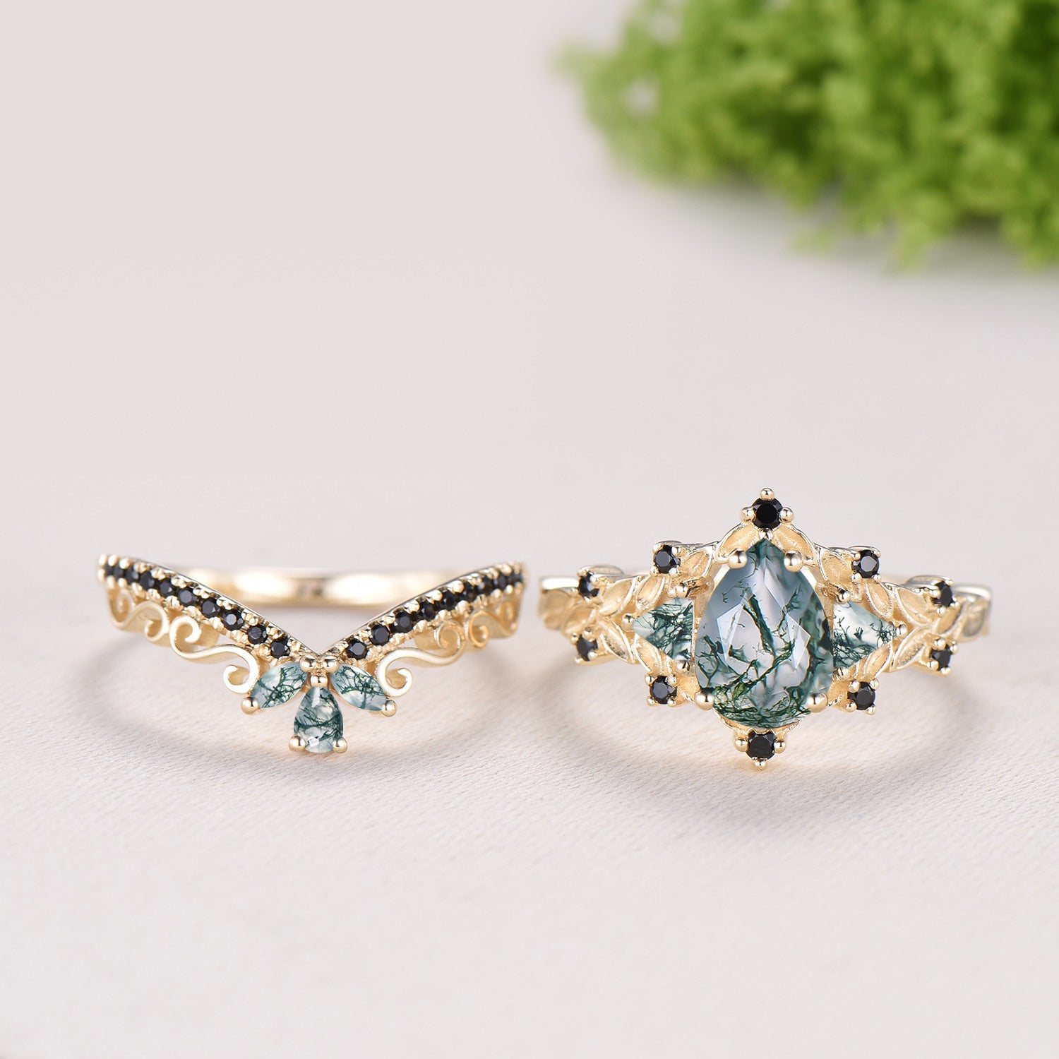 Vintage Pear Shaped Moss Agate Engagement Ring Set | Nature Inspired Leaf Vine Black Spinel Bridal Set | Unique Teardrop Wedding Set For Her