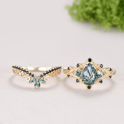 Vintage Pear Shaped Moss Agate Engagement Ring Set | Nature Inspired Leaf Vine Black Spinel Bridal Set | Unique Teardrop Wedding Set For Her
