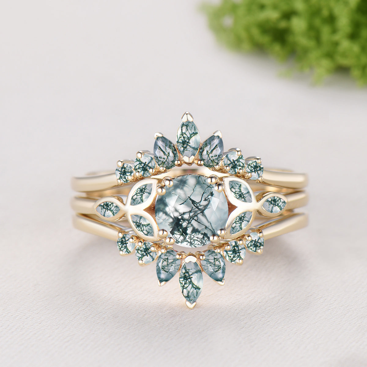 Round Cut Natural Moss Agate Bezel Setting Ring Bridal Set Green Agate Ring Enhancer