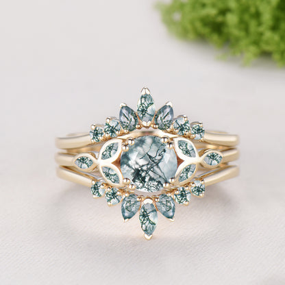Round Cut Natural Moss Agate Bezel Setting Ring Bridal Set Green Agate Ring Enhancer