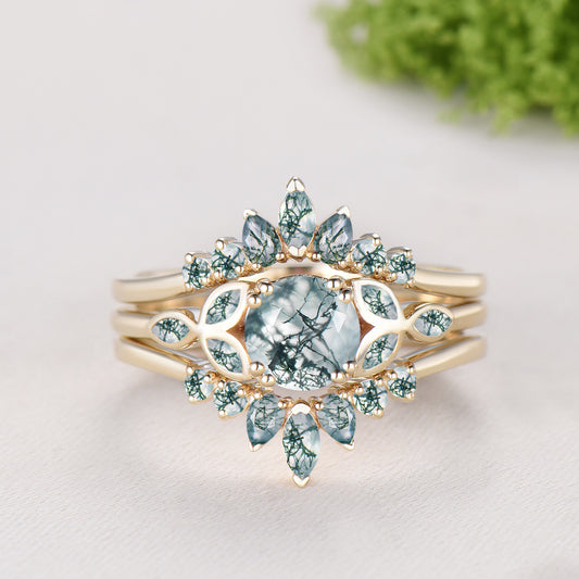 Round Cut Natural Moss Agate Bezel Setting Ring Bridal Set Green Agate Ring Enhancer
