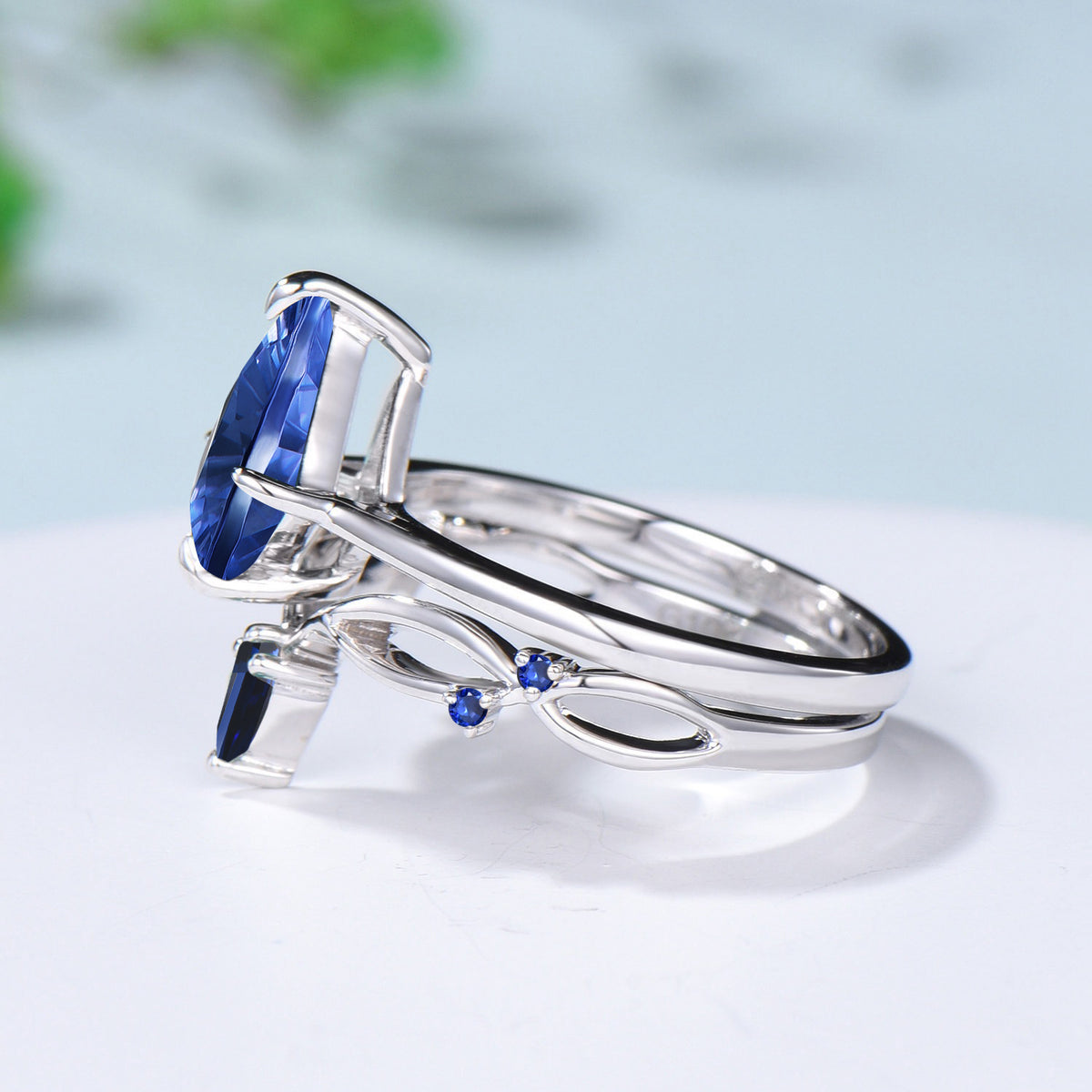 Kite Fantasy Cut Cornflower Blue Sapphire Solitaire Wedding Ring Set Sapphire Curved Band