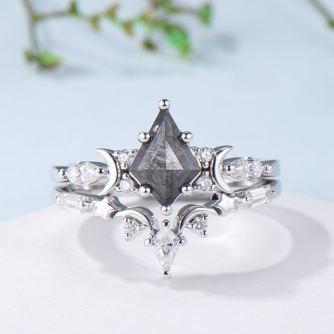 Unique kite cut salt and pepper diamond ring set natural pepper engagement ring 18k white gold bridal wedding set handmade anniversary gift - PENFINE