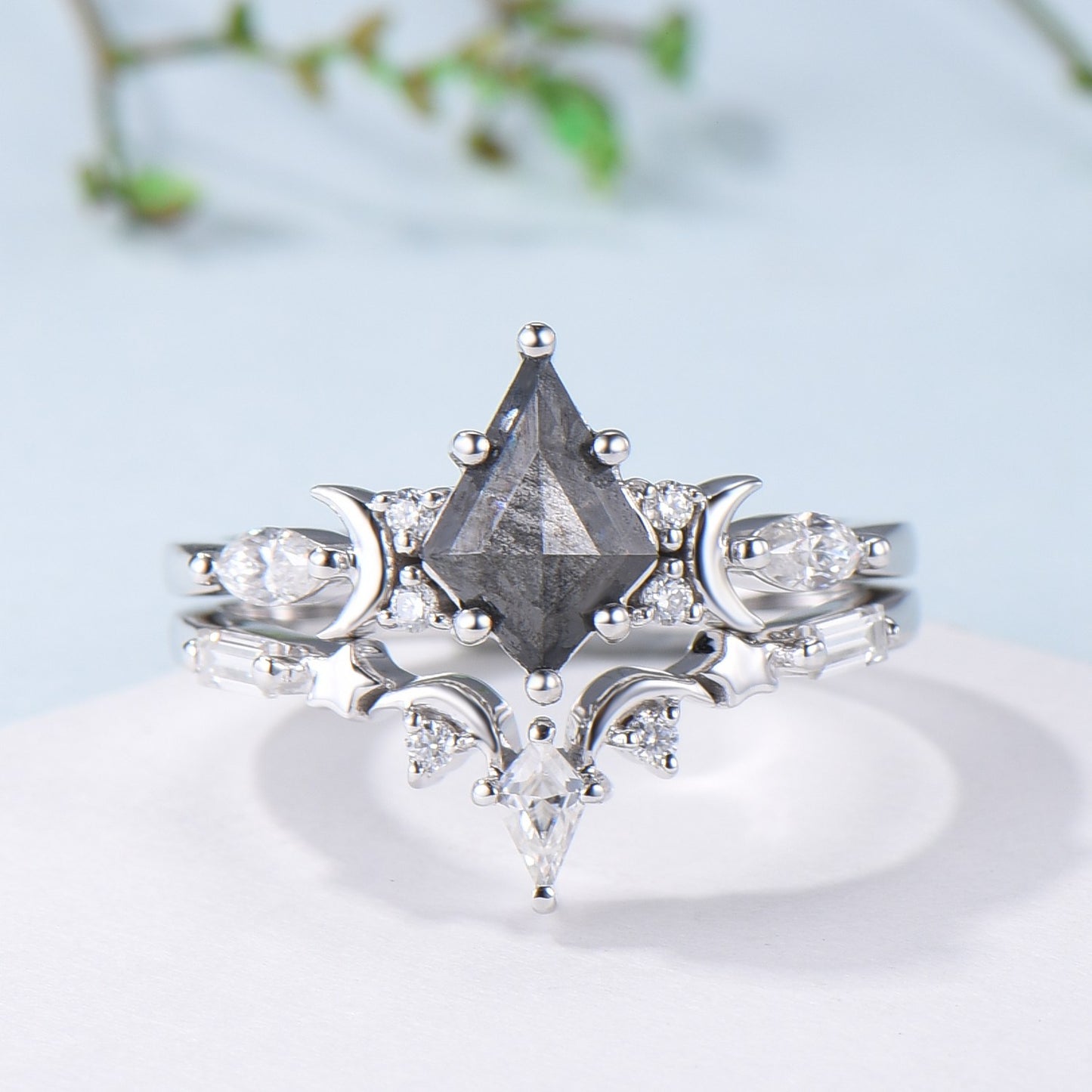 Unique kite cut salt and pepper diamond ring set natural pepper engagement ring 18k white gold bridal wedding set handmade anniversary gift - PENFINE
