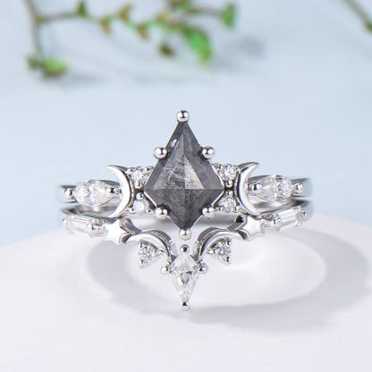 Unique kite cut salt and pepper diamond ring set natural pepper engagement ring 18k white gold bridal wedding set handmade anniversary gift - PENFINE