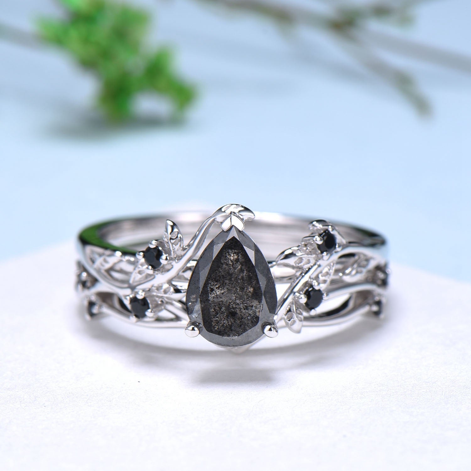 Vintage salt pepper diamond engagement ring pear shaped leaf branch pepper wedding ring set unique nature inspired promise ring for women - PENFINE