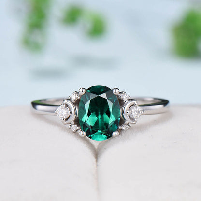 Vintage Emerald Engagement Ring Unique Nature Inspired Moon Green Crystal Ring Unique Alternative May birthstone Wedding Ring For Women - PENFINE