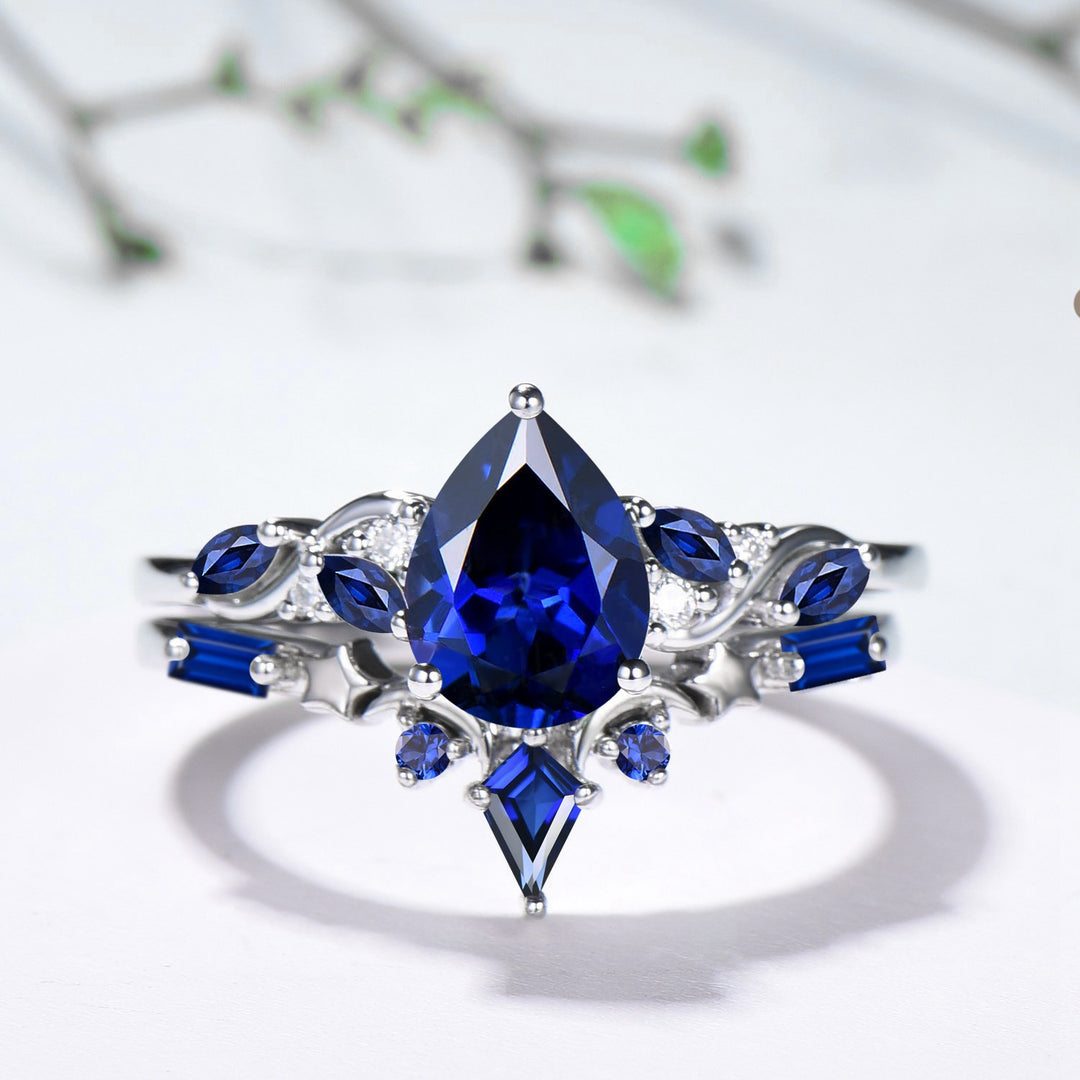 Vintage Pear Shaped Blue Sapphire Engagement Ring Set, 14k Rose Gold Sapphire Wedding Set Unique September Birthstone Proposal Gift for Her - PENFINE