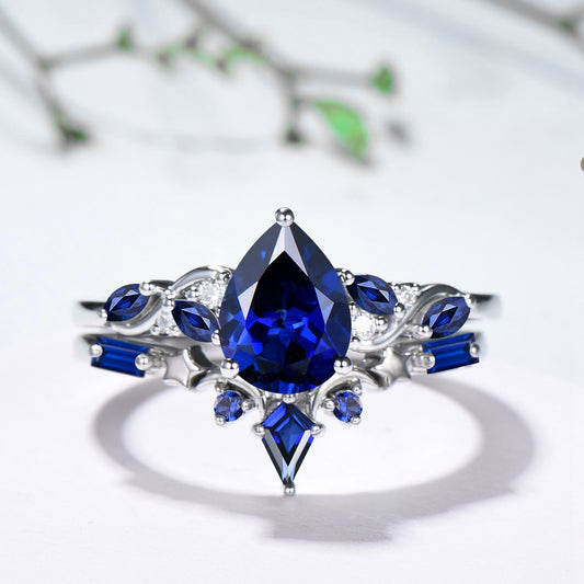 Vintage Pear Shaped Blue Sapphire Engagement Ring Set, 14k Rose Gold Sapphire Wedding Set Unique September Birthstone Proposal Gift for Her - PENFINE