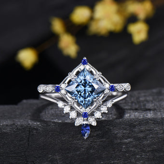 Art Deco Princess Cut Blue Moissanite Engagement Ring Sapphire Moissanite Matching Band White Gold Ring Set