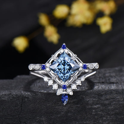 Art Deco Princess Cut Blue Moissanite Engagement Ring Sapphire Moissanite Matching Band White Gold Ring Set