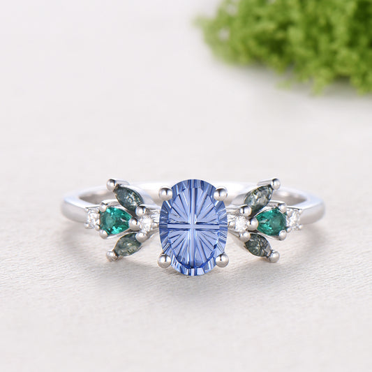 Oval Shaped Fantasy Cut Cornflower Blue Sapphire Wedding Ring Agate Emerald Cluster Engagement Ring