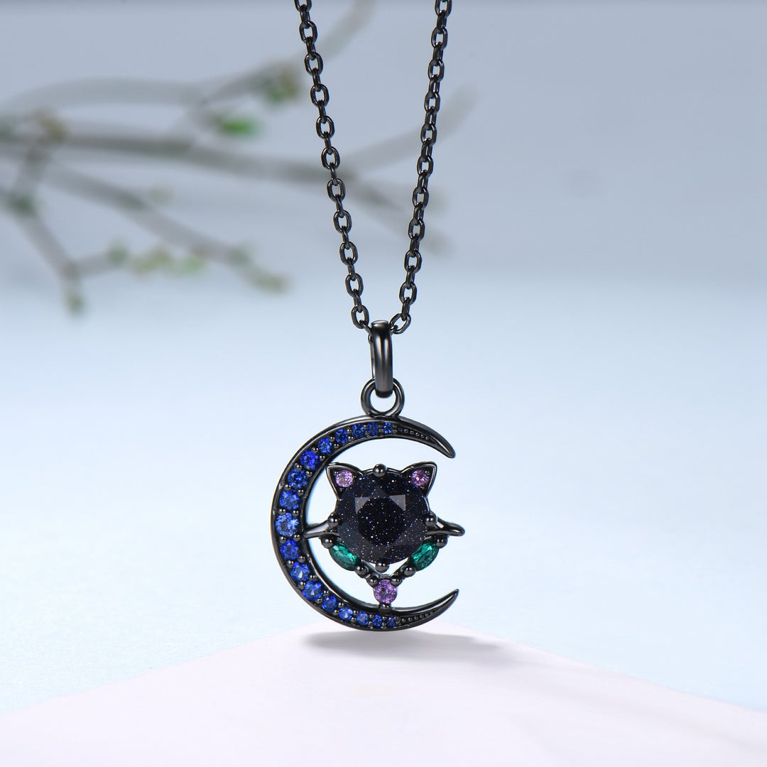 Unique Black Gold Blue Sandstone Necklace Magic Crescent Moon Devil Pendant Necklace Sapphire Emerald Gothic Anniversary Gift for Daughter - PENFINE