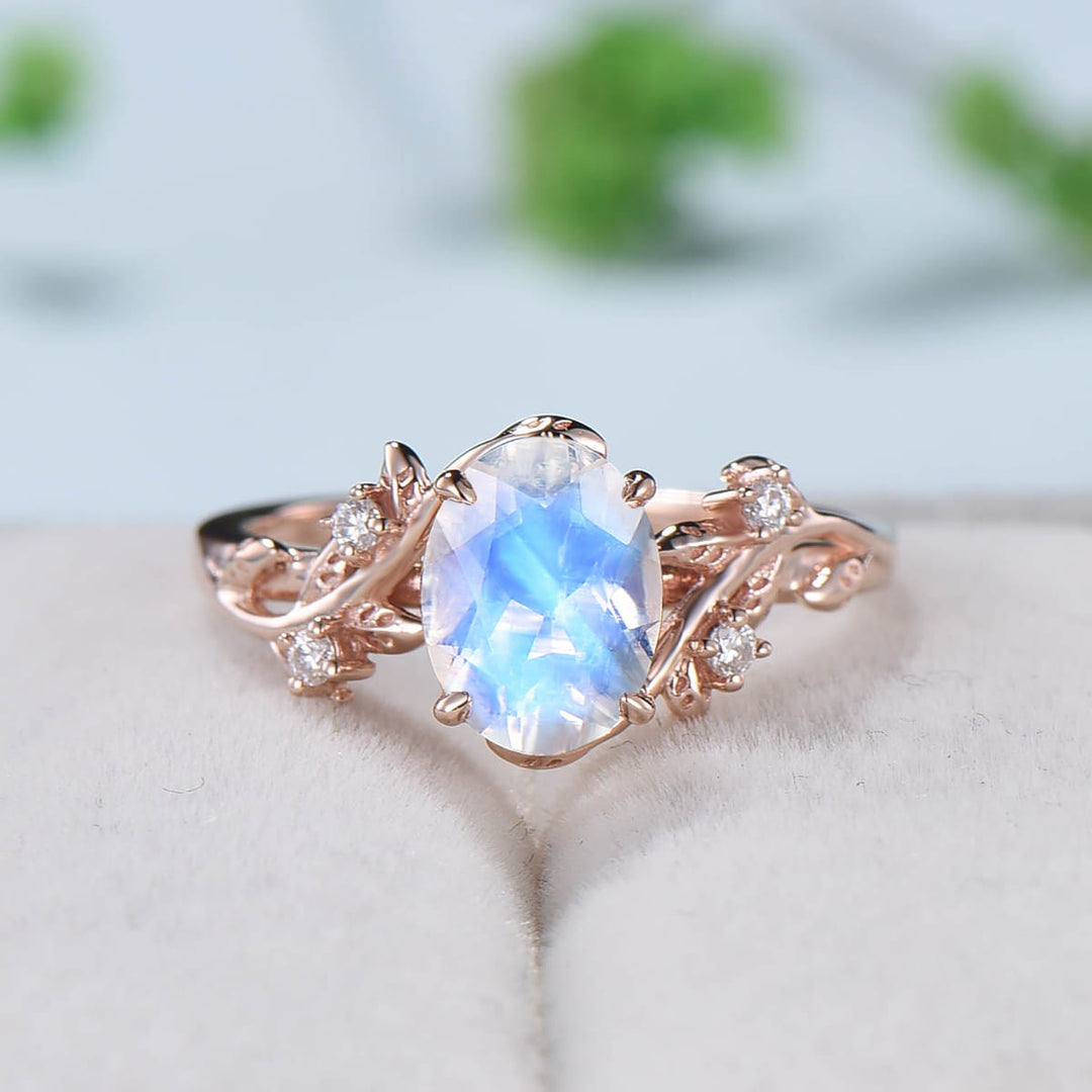 Rainbow blue moonstone ring Nature Inspired Leaf moonstone gold wedding ring set twig engagement ring vintage unique promise ring for women - PENFINE