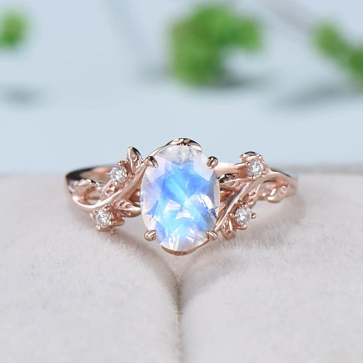 Rainbow blue moonstone ring Nature Inspired Leaf moonstone gold wedding ring set twig engagement ring vintage unique promise ring for women - PENFINE