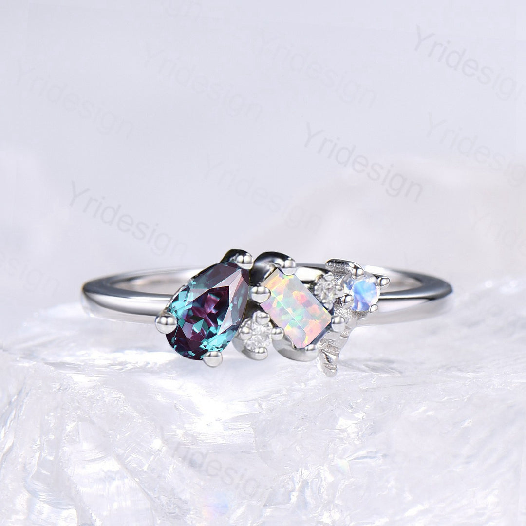 Dainty Moonstone, Opal, and Alexandrite Multi-Gemstone Promise Ring | Celestial Cluster - PENFINE