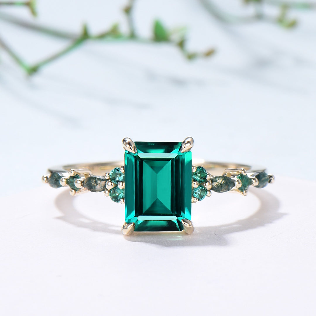 Vintage Emerald Cut Emerald Engagement Ring Unique Marquise Moss Agate Wedding Ring Women Gold Green Gemstone Promise Anniversary Ring Gift - PENFINE