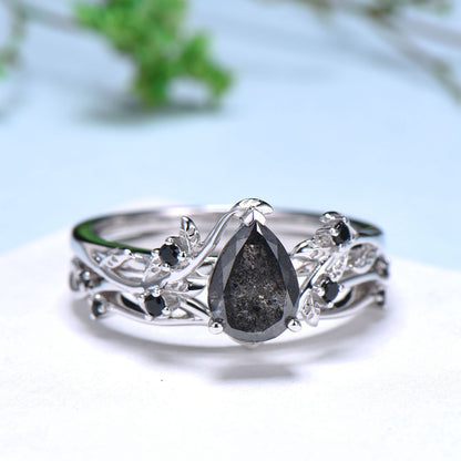 Vintage salt pepper diamond engagement ring pear shaped leaf branch pepper wedding ring set unique nature inspired promise ring for women - PENFINE