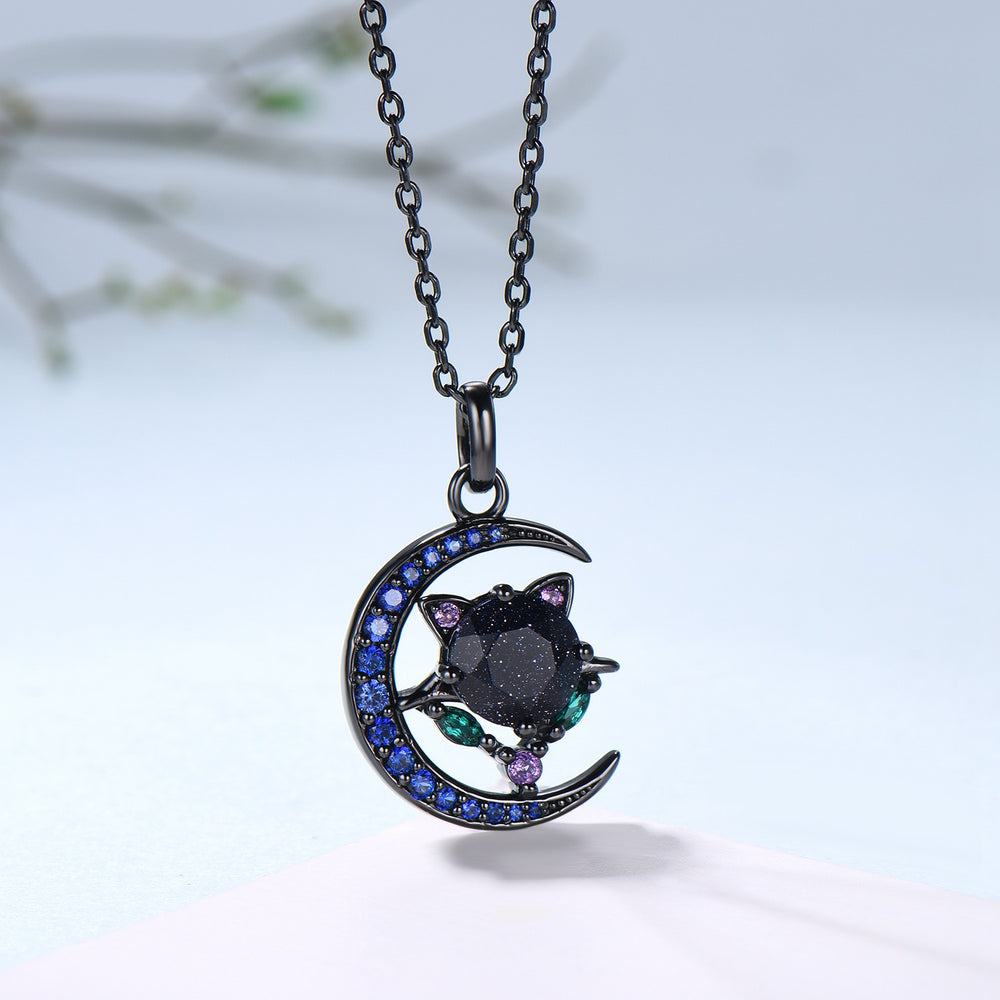 Unique Black Gold Blue Sandstone Necklace Magic Crescent Moon Devil Pendant Necklace Sapphire Emerald Gothic Anniversary Gift for Daughter - PENFINE