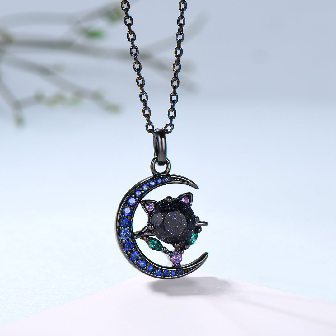 Unique Black Gold Blue Sandstone Necklace Magic Crescent Moon Devil Pendant Necklace Sapphire Emerald Gothic Anniversary Gift for Daughter - PENFINE