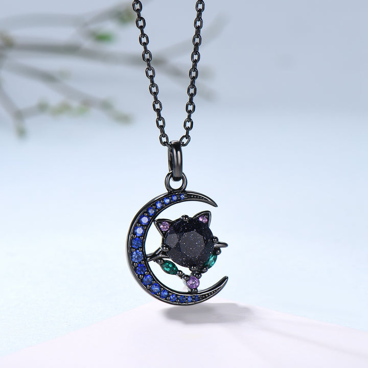 Unique Black Gold Blue Sandstone Necklace Magic Crescent Moon Devil Pendant Necklace Sapphire Emerald Gothic Anniversary Gift for Daughter - PENFINE