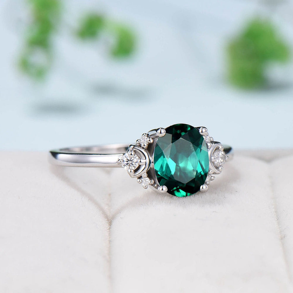 Vintage Emerald Engagement Ring Unique Nature Inspired Moon Green Crystal Ring Unique Alternative May birthstone Wedding Ring For Women - PENFINE