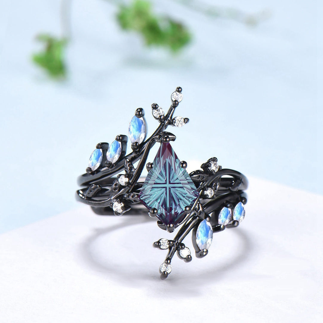 Gothic Black Gold 1.5CT Kite Cut Starburst Alexandrite Moonstone Engagement Ring Set