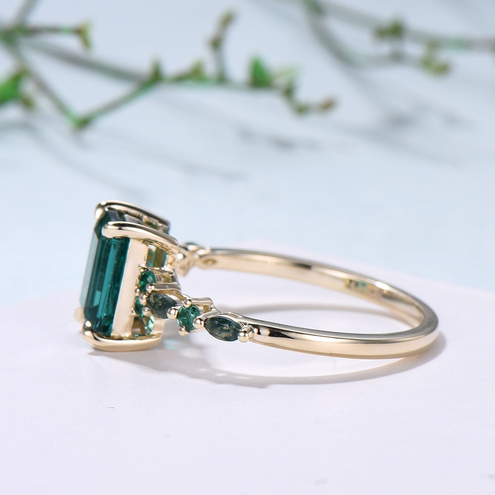 Vintage Emerald Cut Emerald Engagement Ring Unique Marquise Moss Agate Wedding Ring Women Gold Green Gemstone Promise Anniversary Ring Gift - PENFINE