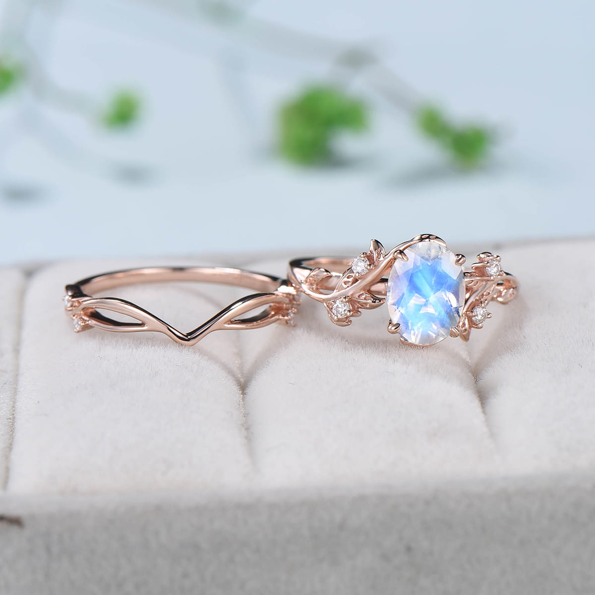 White Gold Moonstone Engagement Ring Set, Moonstone Wedding Ring Set, Leaf Engagement Ring, Rainbow Moonstone Ring, Antique Promise Ring store Set