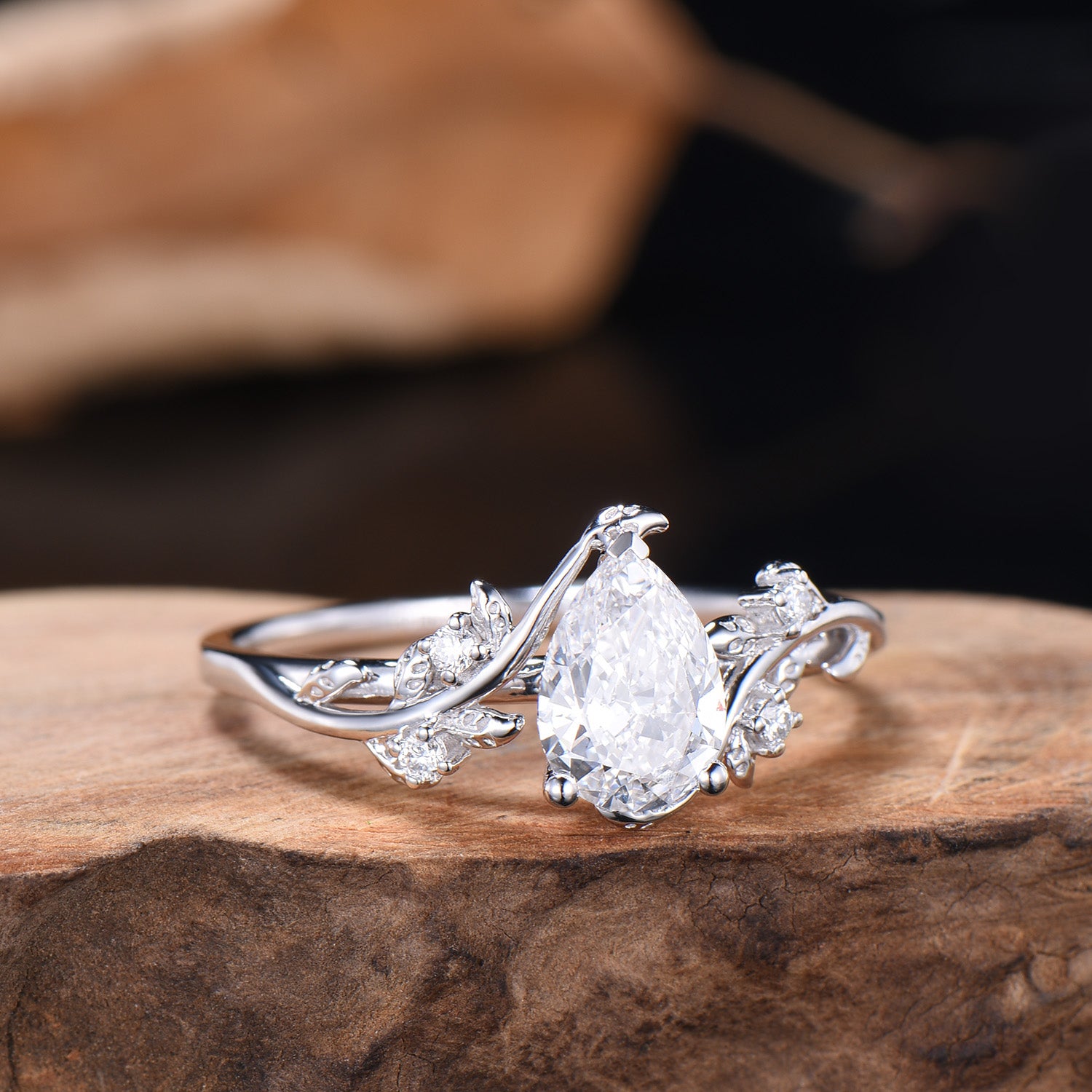 IGI Certified Pear Lab Grown Diamond Engagement Ring • White Gold Vine Leaf Band