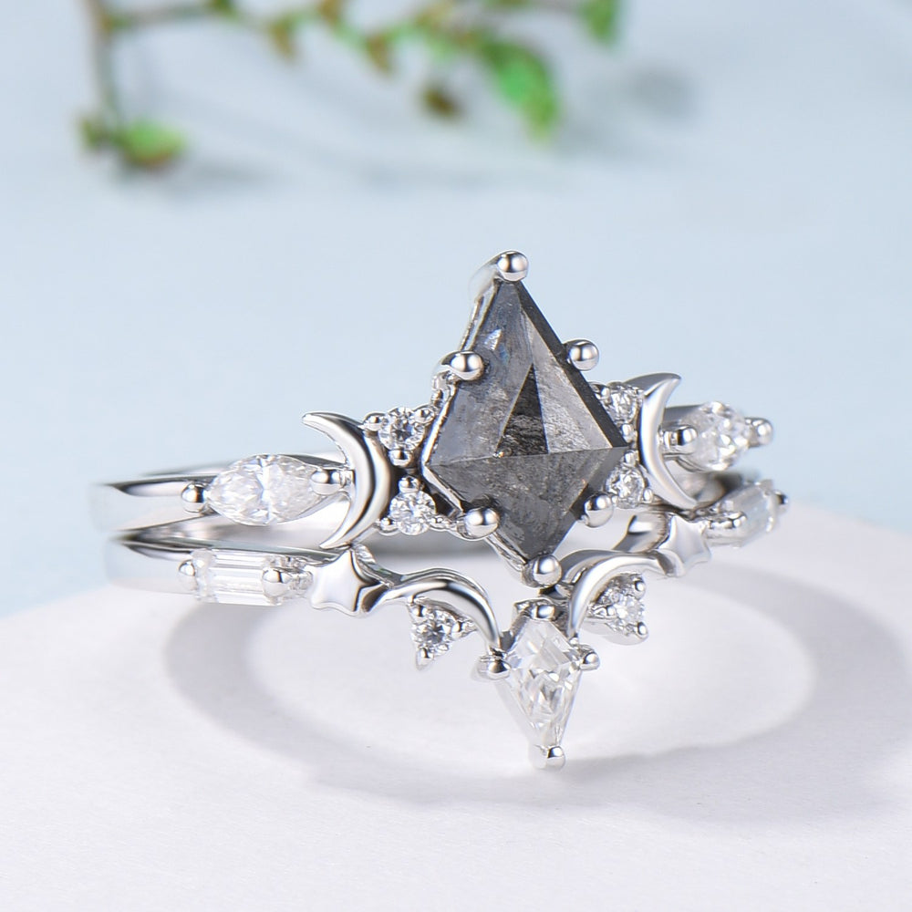 Unique kite cut salt and pepper diamond ring set natural pepper engagement ring 18k white gold bridal wedding set handmade anniversary gift - PENFINE