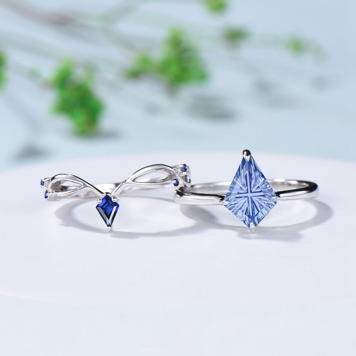 Kite Fantasy Cut Cornflower Blue Sapphire Solitaire Wedding Ring Set Sapphire Curved Band