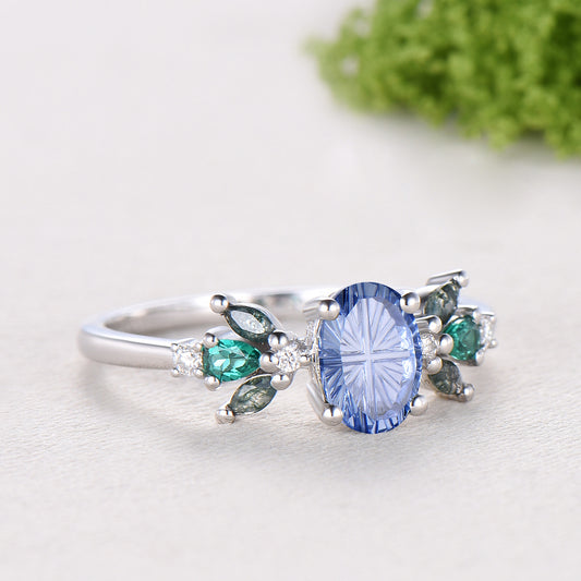 Oval Shaped Fantasy Cut Cornflower Blue Sapphire Wedding Ring Agate Emerald Cluster Engagement Ring