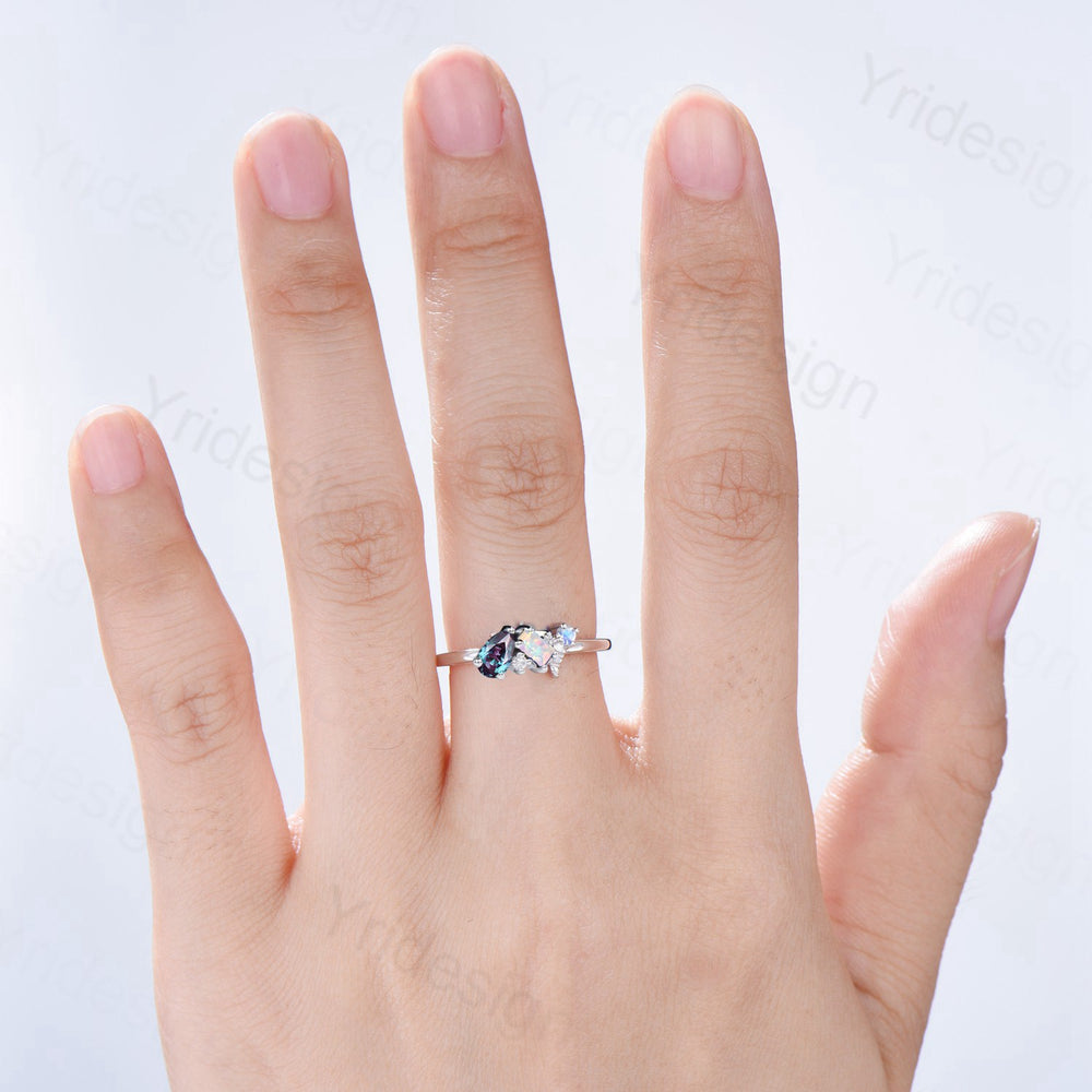 Dainty Moonstone, Opal, and Alexandrite Multi-Gemstone Promise Ring | Celestial Cluster - PENFINE