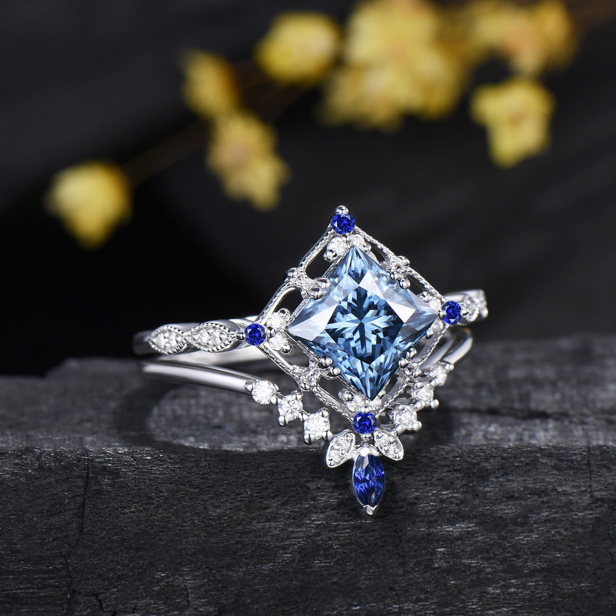 Art Deco Princess Cut Blue Moissanite Engagement Ring Sapphire Moissanite Matching Band White Gold Ring Set
