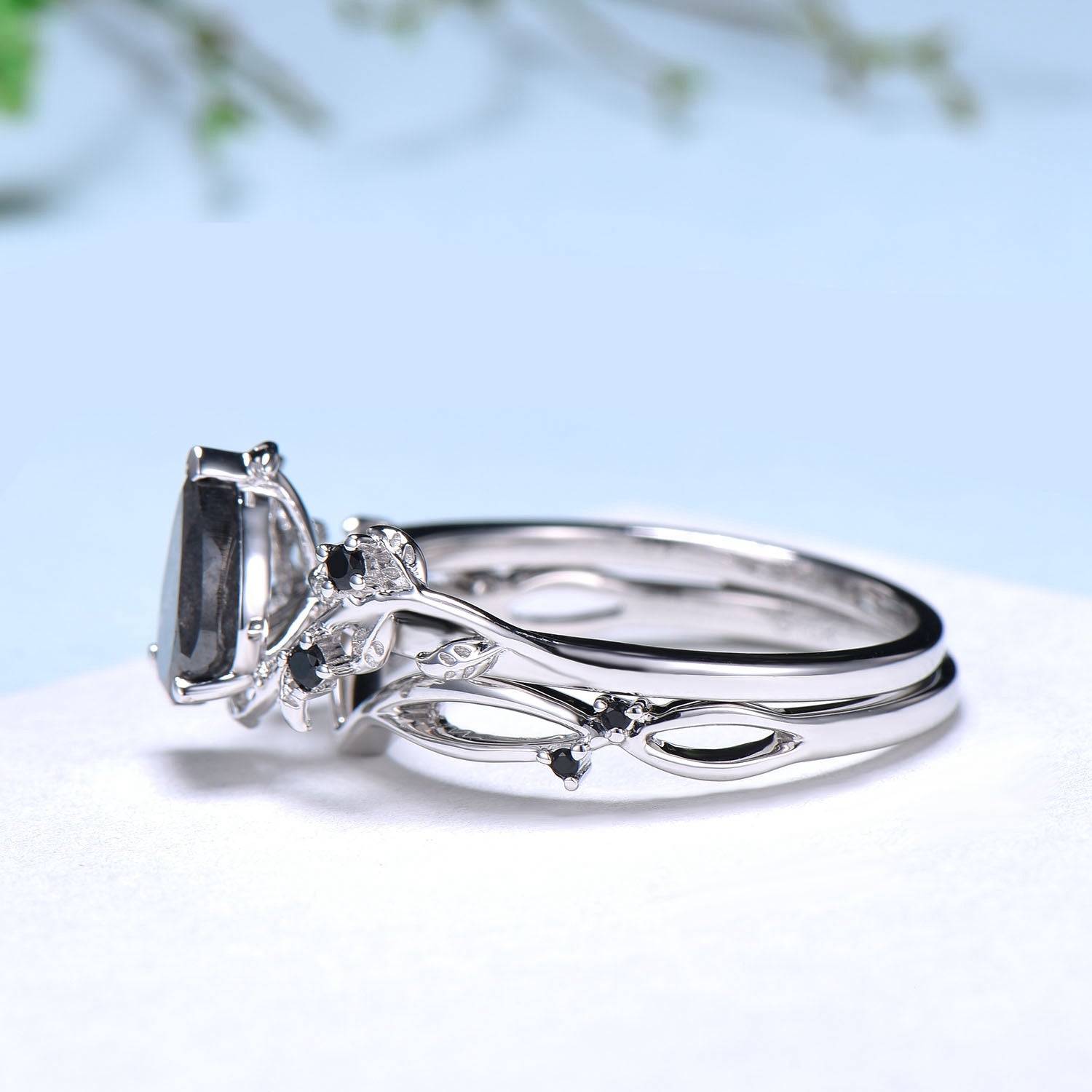 Vintage salt pepper diamond engagement ring pear shaped leaf branch pepper wedding ring set unique nature inspired promise ring for women - PENFINE