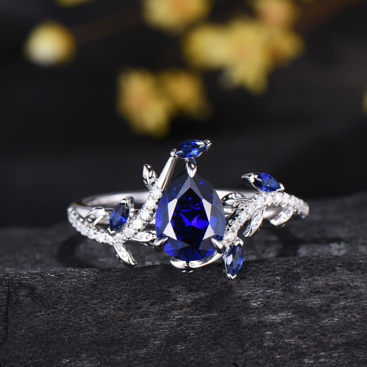 Nature Inspired Pear Shaped Blue Sapphire Engagement Ring Set Snake Marquise Sapphire Wedding Bridal Ring Set Twig Vine Promise Ring