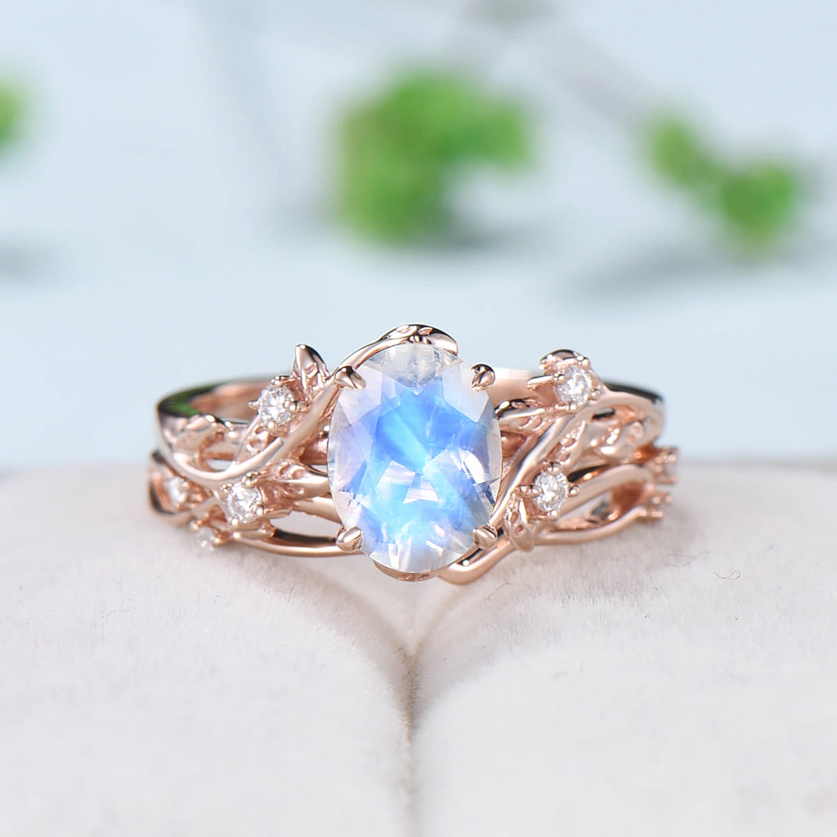 Rainbow blue moonstone ring Nature Inspired Leaf moonstone gold wedding ring set twig engagement ring vintage unique promise ring for women - PENFINE