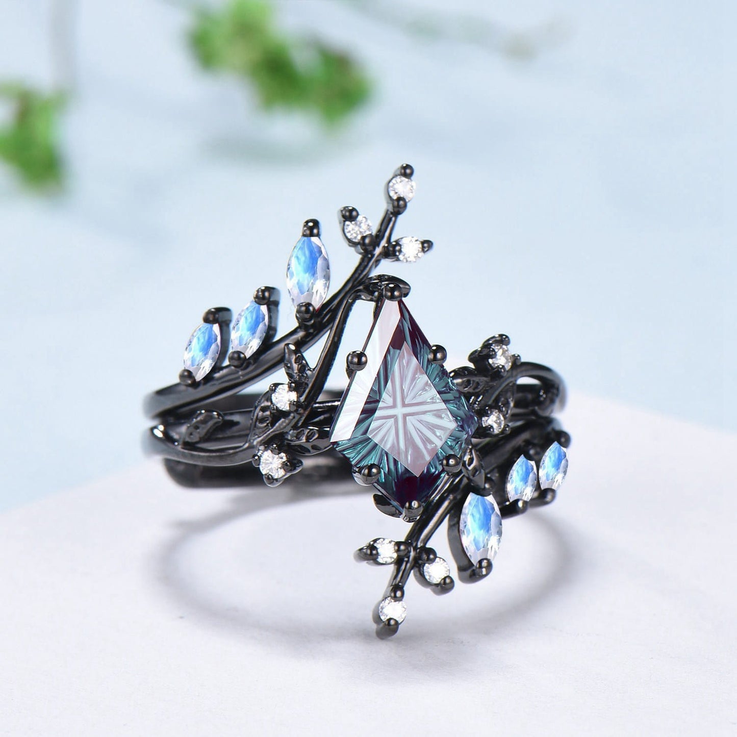 Gothic Black Gold 1.5CT Kite Cut Starburst Alexandrite Moonstone Engagement Ring Set