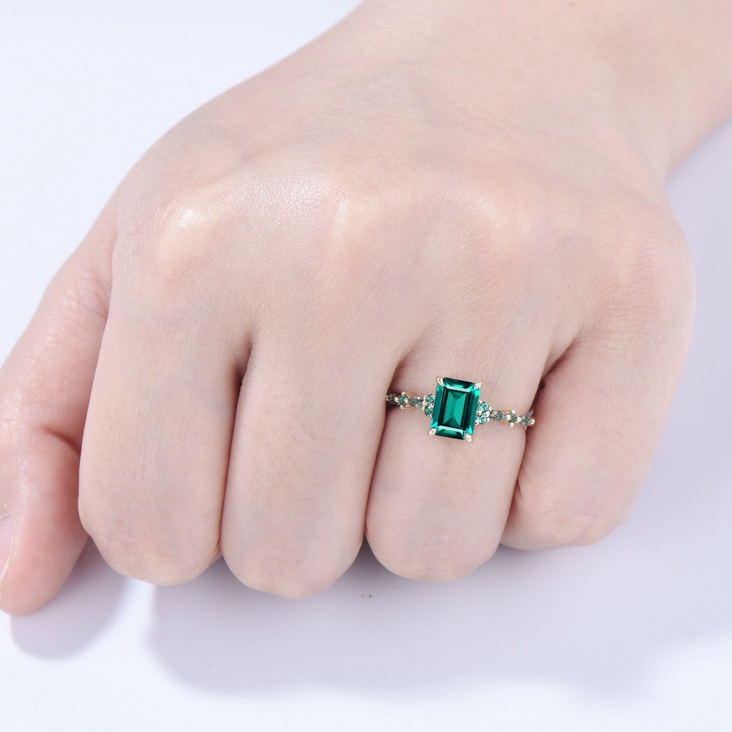 Vintage Emerald Cut Emerald Engagement Ring Unique Marquise Moss Agate Wedding Ring Women Gold Green Gemstone Promise Anniversary Ring Gift - PENFINE