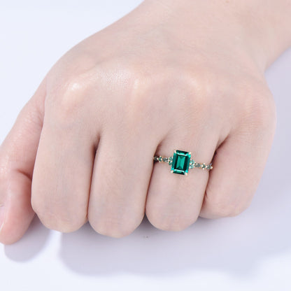 Vintage Emerald Cut Emerald Engagement Ring Unique Marquise Moss Agate Wedding Ring Women Gold Green Gemstone Promise Anniversary Ring Gift - PENFINE