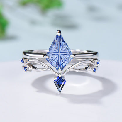 Kite Fantasy Cut Cornflower Blue Sapphire Solitaire Wedding Ring Set Sapphire Curved Band