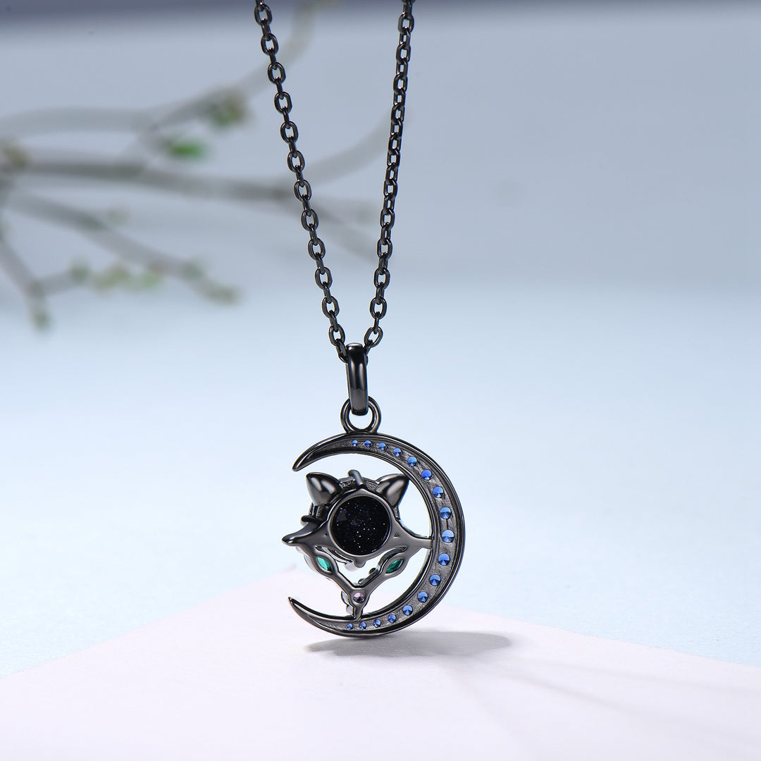 Unique Black Gold Blue Sandstone Necklace Magic Crescent Moon Devil Pendant Necklace Sapphire Emerald Gothic Anniversary Gift for Daughter - PENFINE