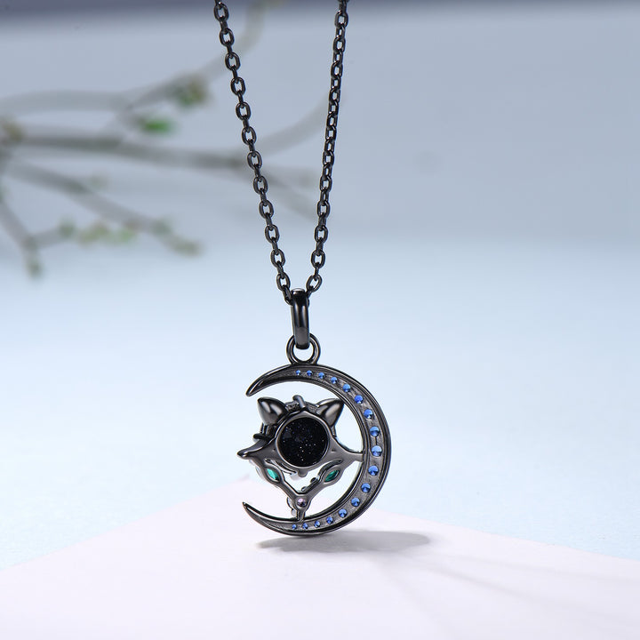 Unique Black Gold Blue Sandstone Necklace Magic Crescent Moon Devil Pendant Necklace Sapphire Emerald Gothic Anniversary Gift for Daughter - PENFINE