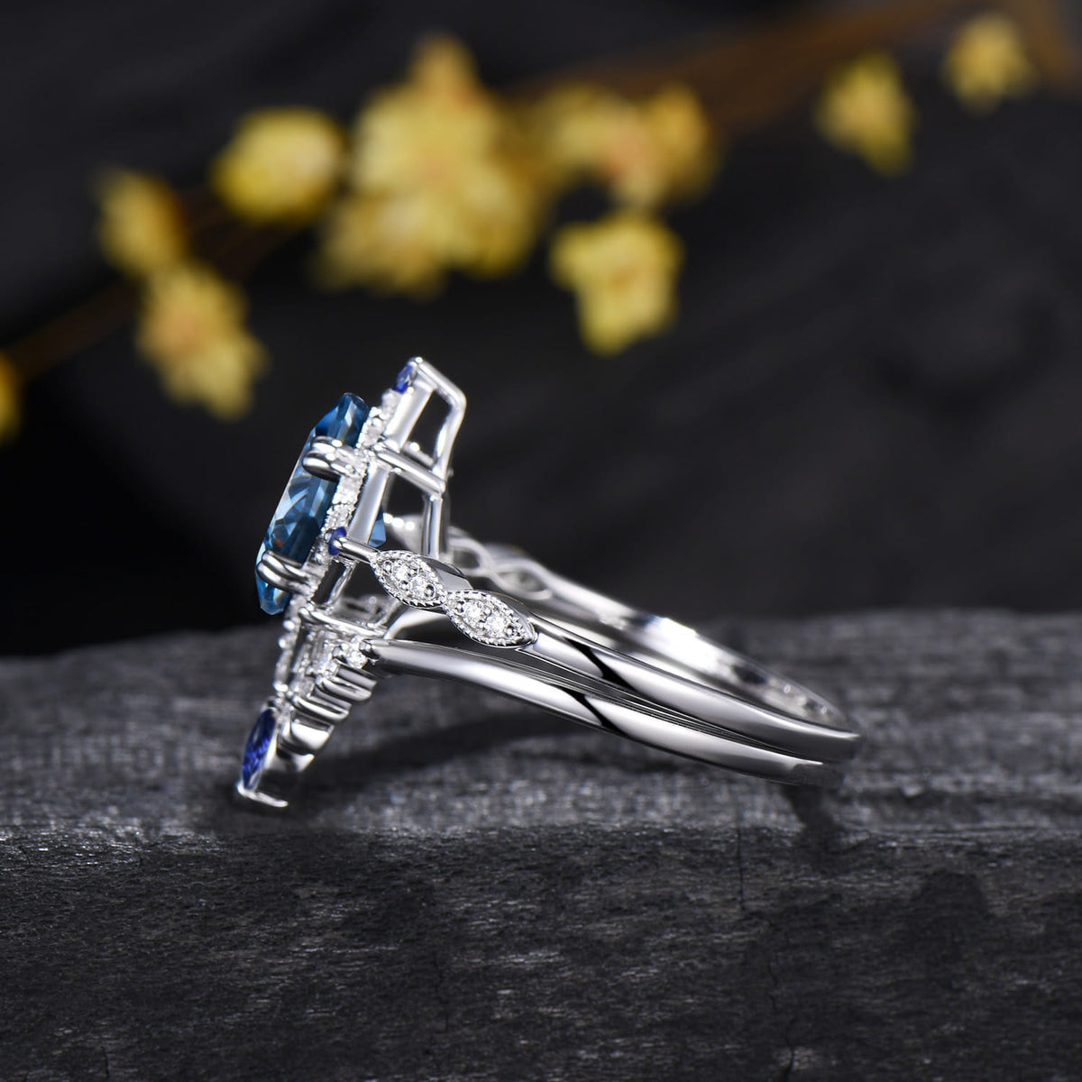 Art Deco Princess Cut Blue Moissanite Engagement Ring Sapphire Moissanite Matching Band White Gold Ring Set