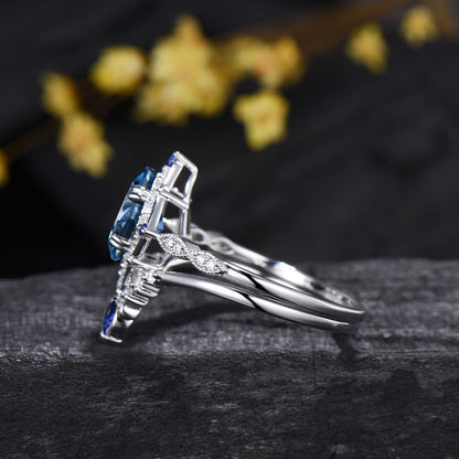Art Deco Princess Cut Blue Moissanite Engagement Ring Sapphire Moissanite Matching Band White Gold Ring Set