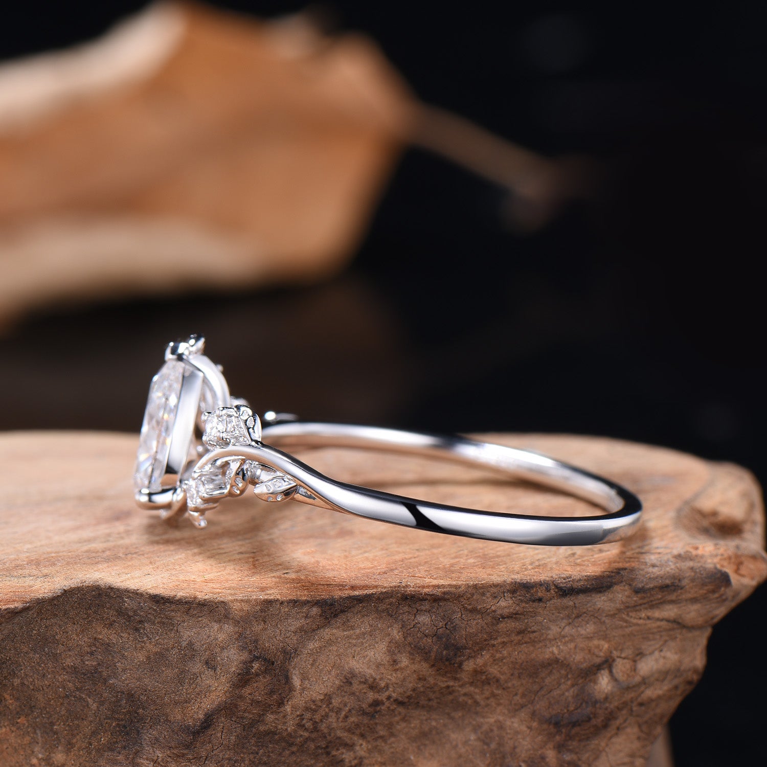IGI Certified Pear Lab Grown Diamond Engagement Ring • White Gold Vine Leaf Band