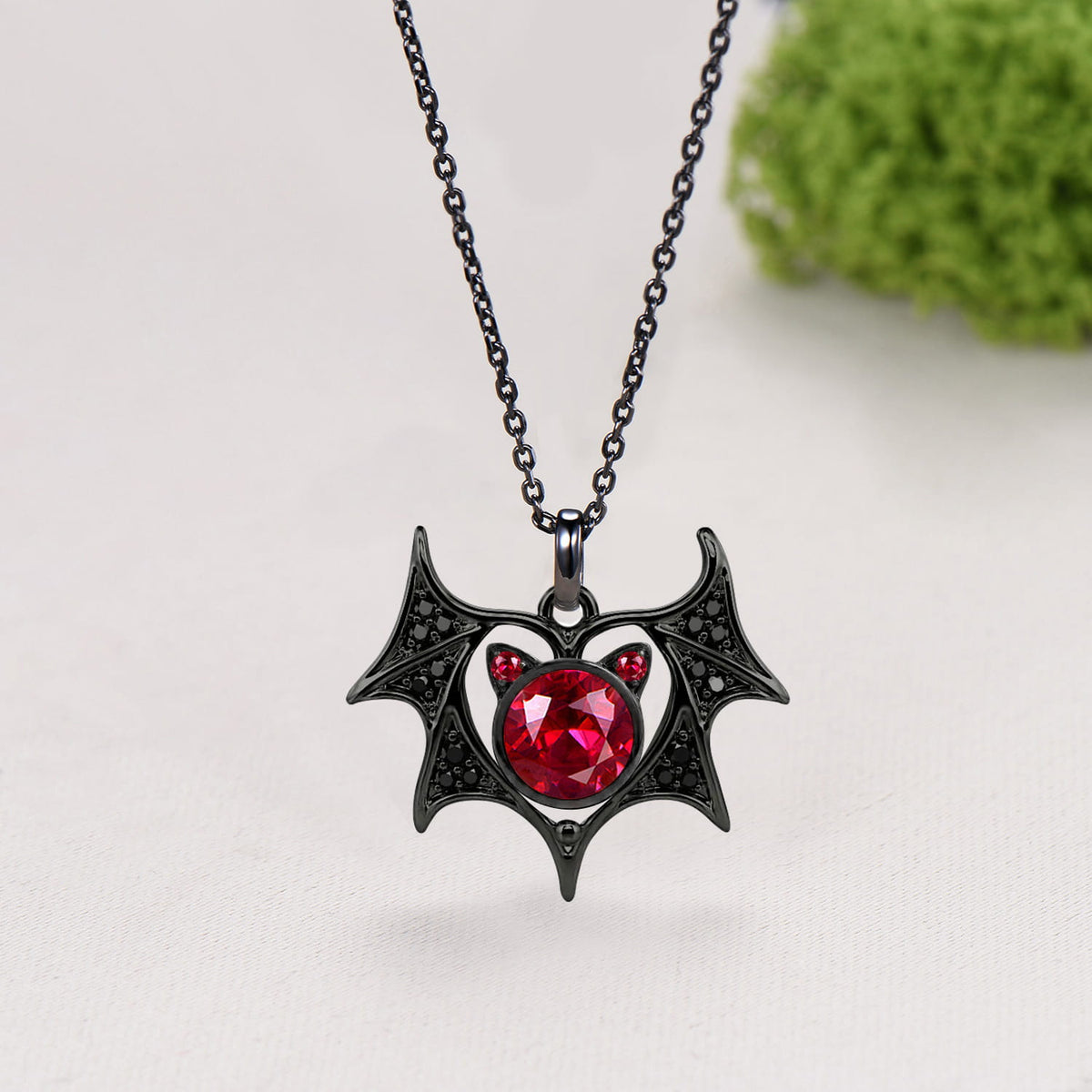 Spooky Gothic Bat & Cat Red Gemstone Statement Necklace