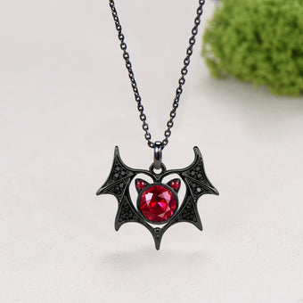 Spooky Gothic Bat & Cat Red Gemstone Statement Necklace