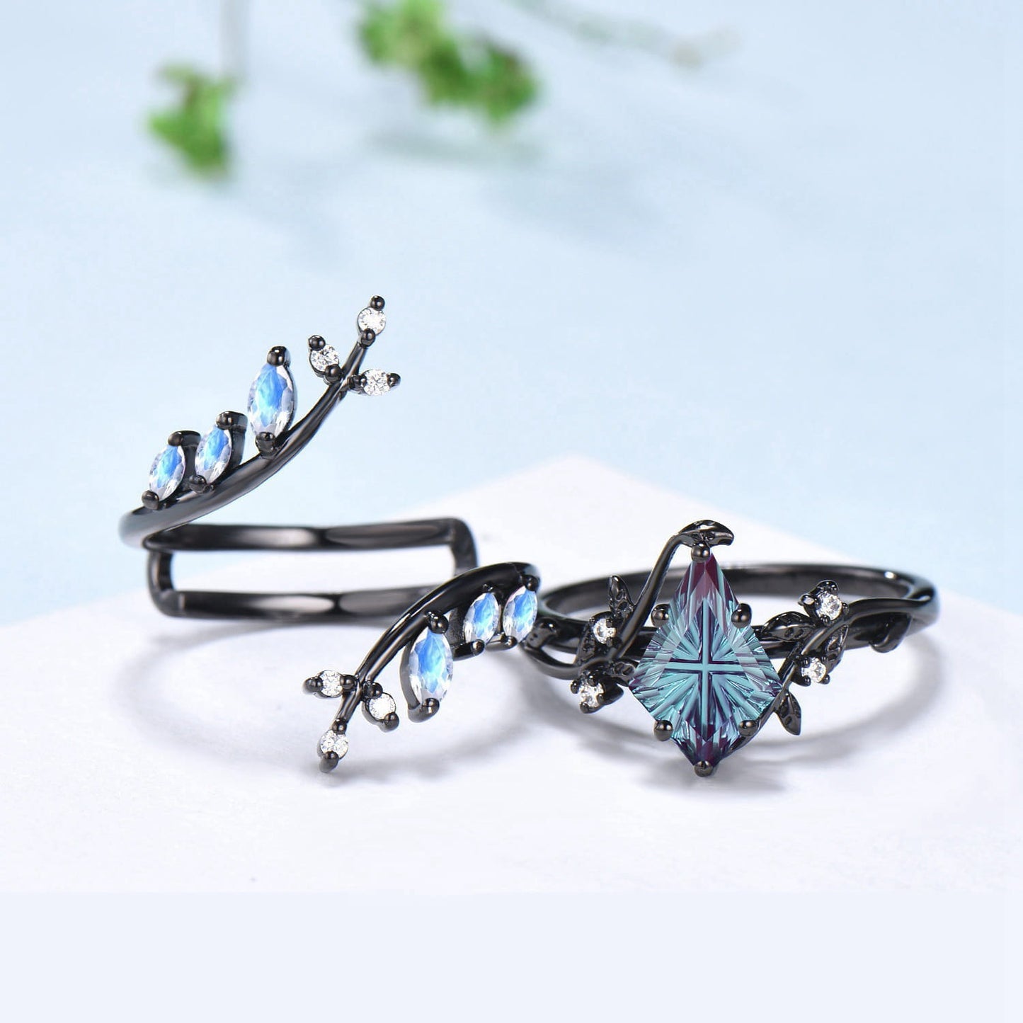 Gothic Black Gold 1.5CT Kite Cut Starburst Alexandrite Moonstone Engagement Ring Set